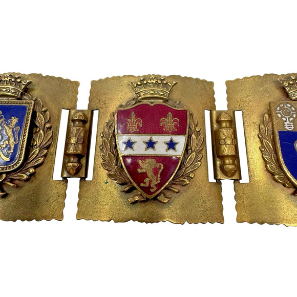 Vintage French WWII Brass Enamel Coat of Arms Link Bracelet 6.75” Approx Shield - Picture 11 of 12